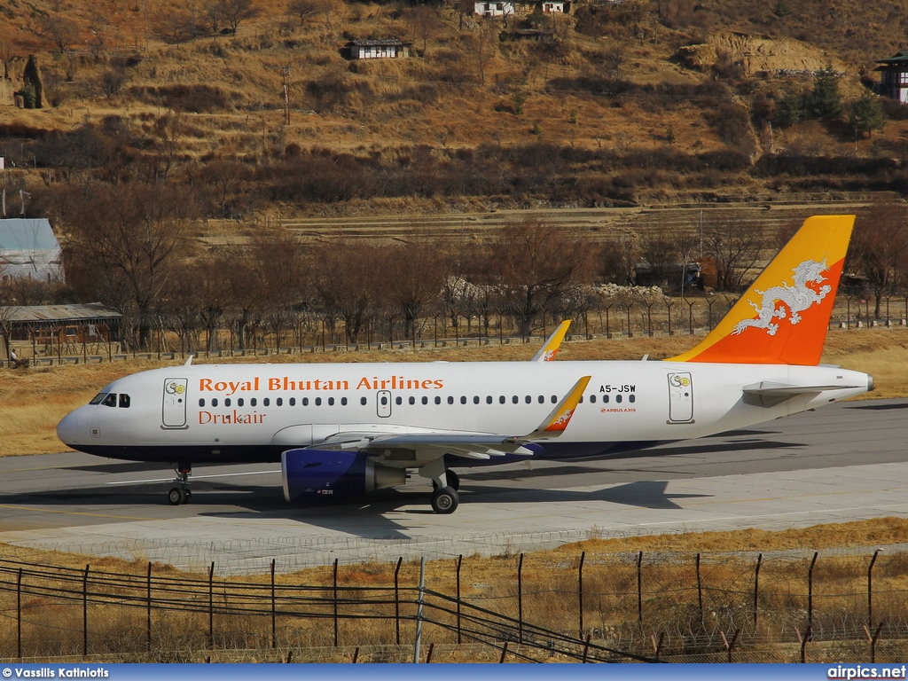 A5-JSW, Airbus A319-100, Druk Air - Royal Bhutan Airlines